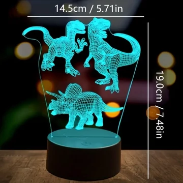 3D LED gyereklámpa három dínó figura éjjeli lámpa, asztali lámpa, gyerekszobába