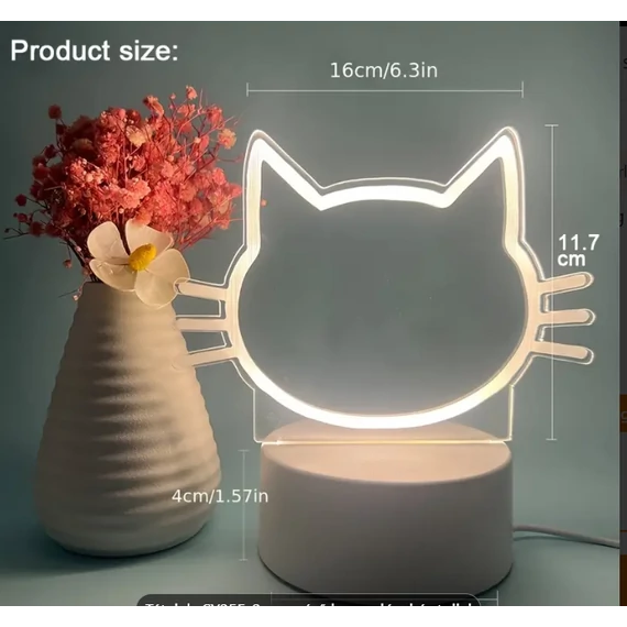3D LED lámpa írható felülettel üzeneteknek cicás éjjeli lámpa, asztali lámpa