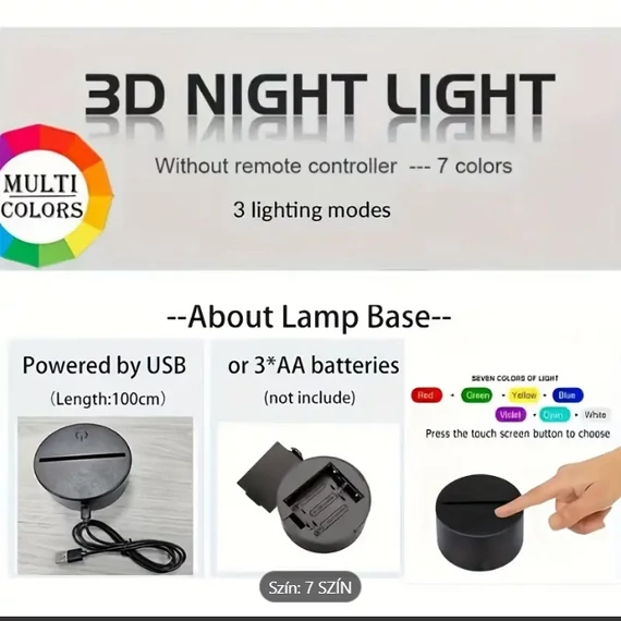 3D LED gyereklámpa foci  figura 7 színű éjjeli lámpa, asztali lámpa