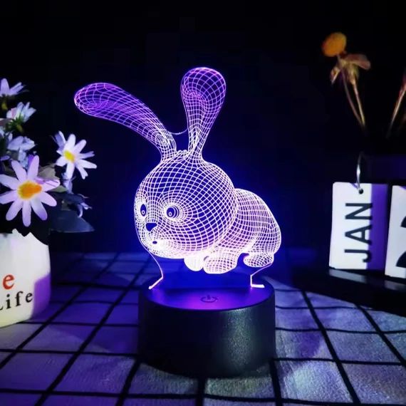 3D figurás asztali lámpa, éjjeli lámpa 16 szín távirányítóval nagy fülű nyuszi